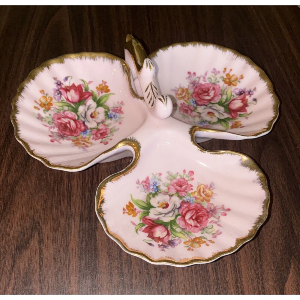 Vintage Japanese Porcelain 3 Section Divided Serving Dish Gold Trim Shell Rose